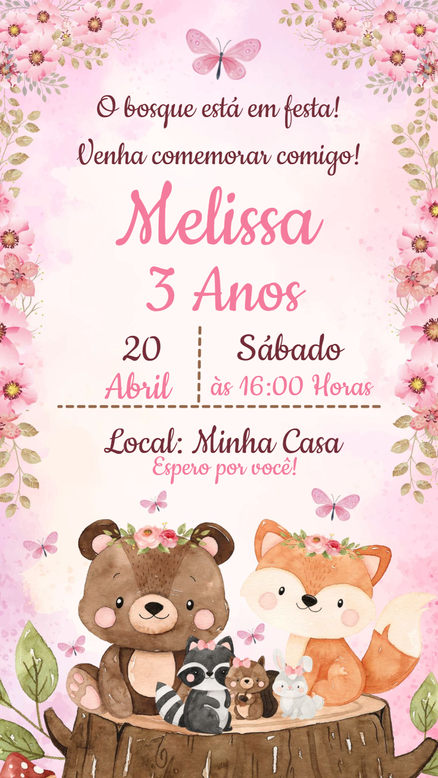 Convite Aniversário Bosque Encantado com Animais para Editar Convite Aniversário Bosque Encantado com Animais para Editar