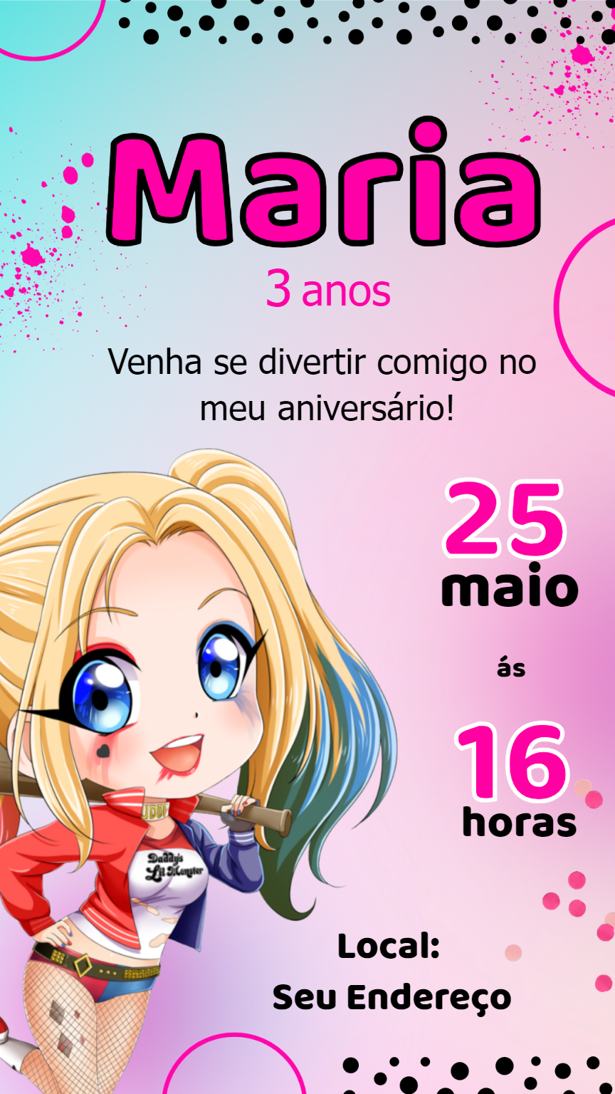Convite de Aniversário Arlequina para Editar Online Convite de Aniversário Arlequina para Editar Online