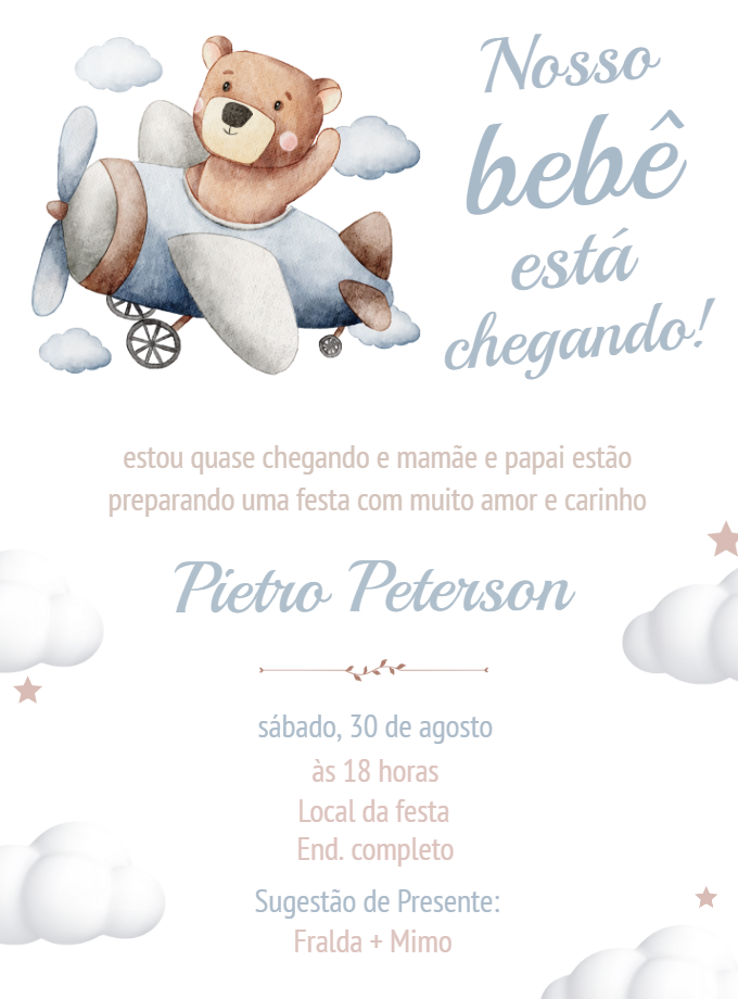 Convite Chá de Bebê Ursinho Aviador para Editar Online Convite Chá de Bebê Ursinho Aviador para Editar Online