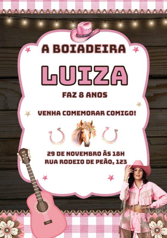 Convite Aniversário Boiadeira Rosa Estilo Country para Editar Convite Aniversário Boiadeira Rosa Estilo Country para Editar