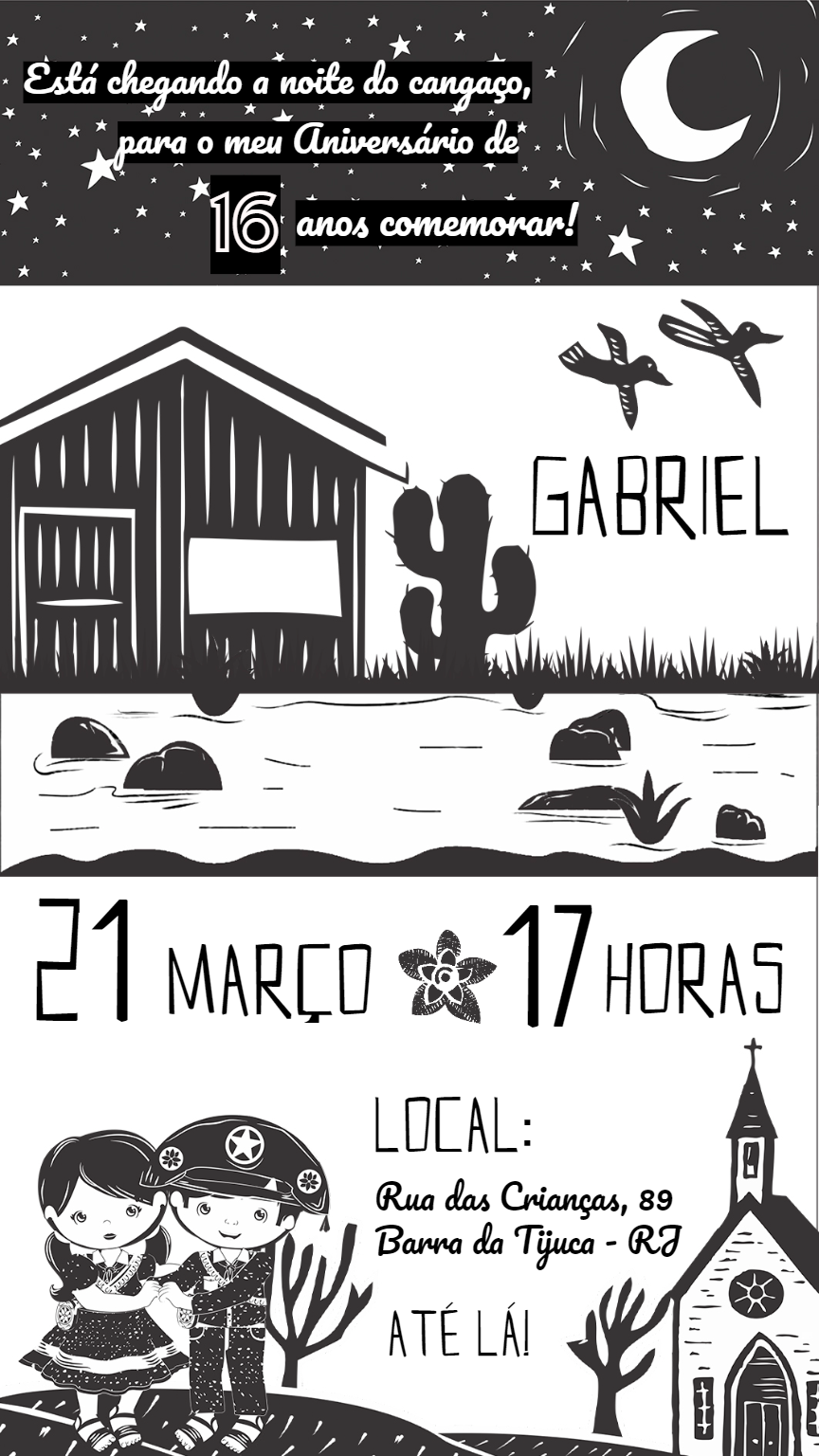 Convite de Aniversário Cordel com Xilogravura para Editar Online Convite de Aniversário Cordel com Xilogravura para Editar Online