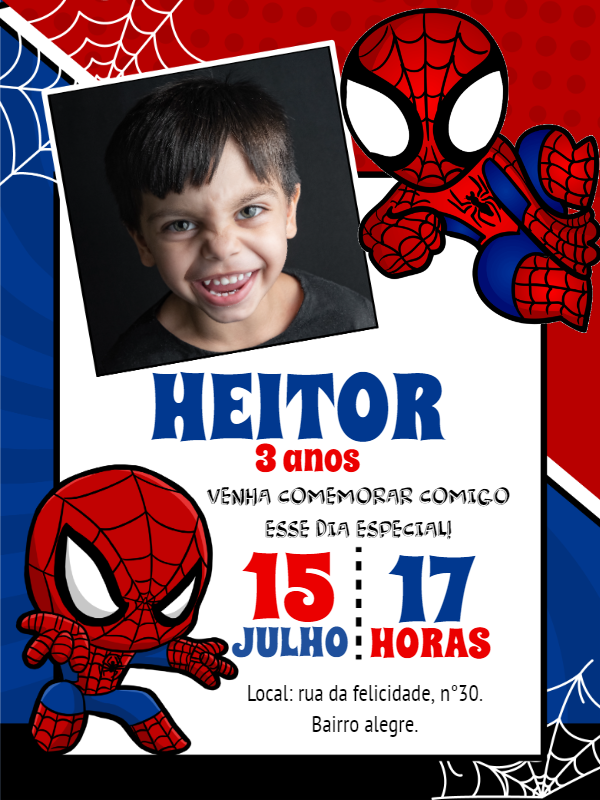 Convite Aniversário Homem-Aranha com Foto para Editar Online