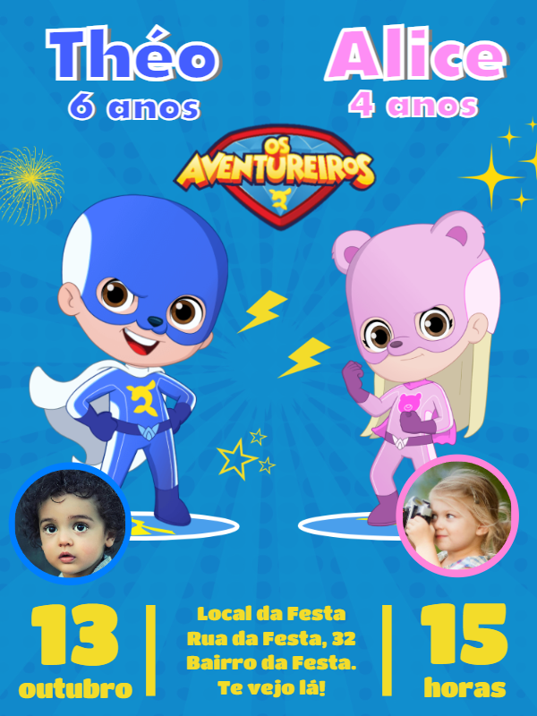 Convite Aniversário Duplo Aventureiros com Foto para Editar Online Convite Aniversário Duplo Aventureiros com Foto para Editar Online