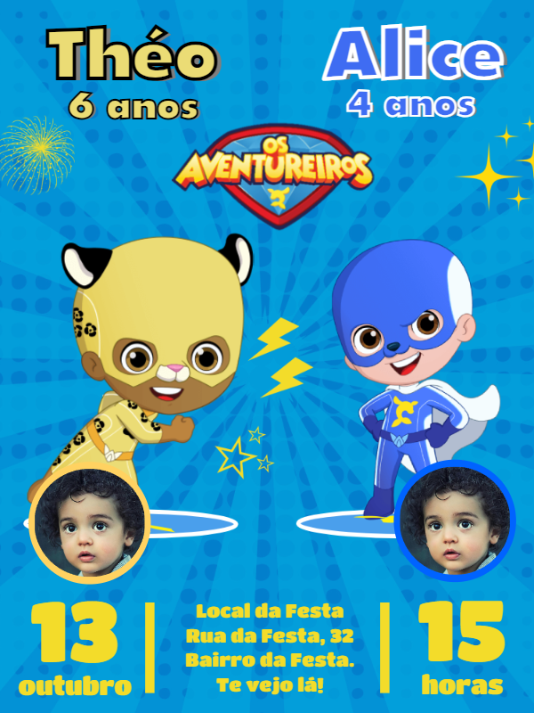 Convite Aniversário Duplo Aventureiros com Foto para Editar Convite Aniversário Duplo Aventureiros com Foto para Editar