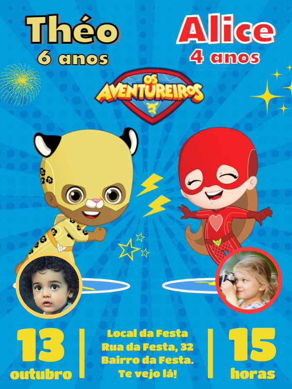 Convite Aniversário Duplo Aventureiros com Foto para Editar Convite Aniversário Duplo Aventureiros com Foto para Editar