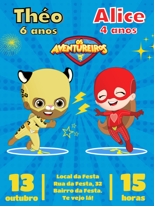 Convite Aniversário Duplo Aventureiros para Editar Online Convite Aniversário Duplo Aventureiros para Editar Online