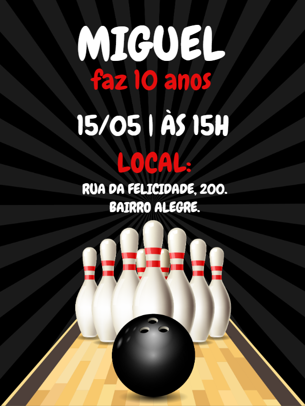 Convite de Aniversário Boliche para Editar Online e Imprimir
