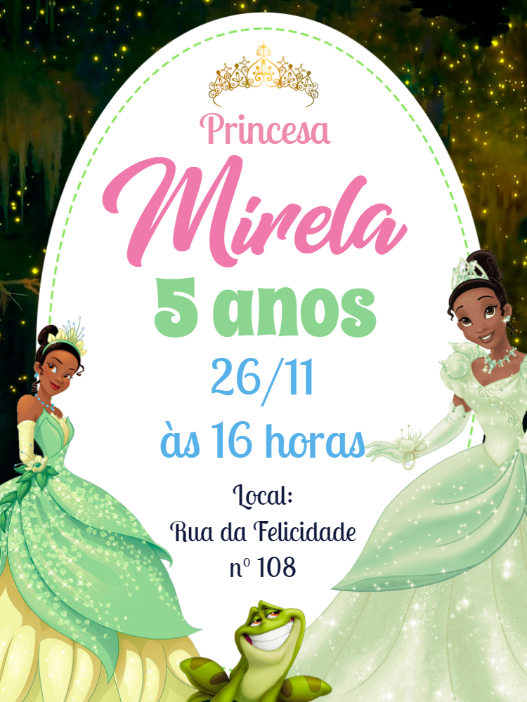 Convite de Aniversário Princesa Tiana para Editar Online