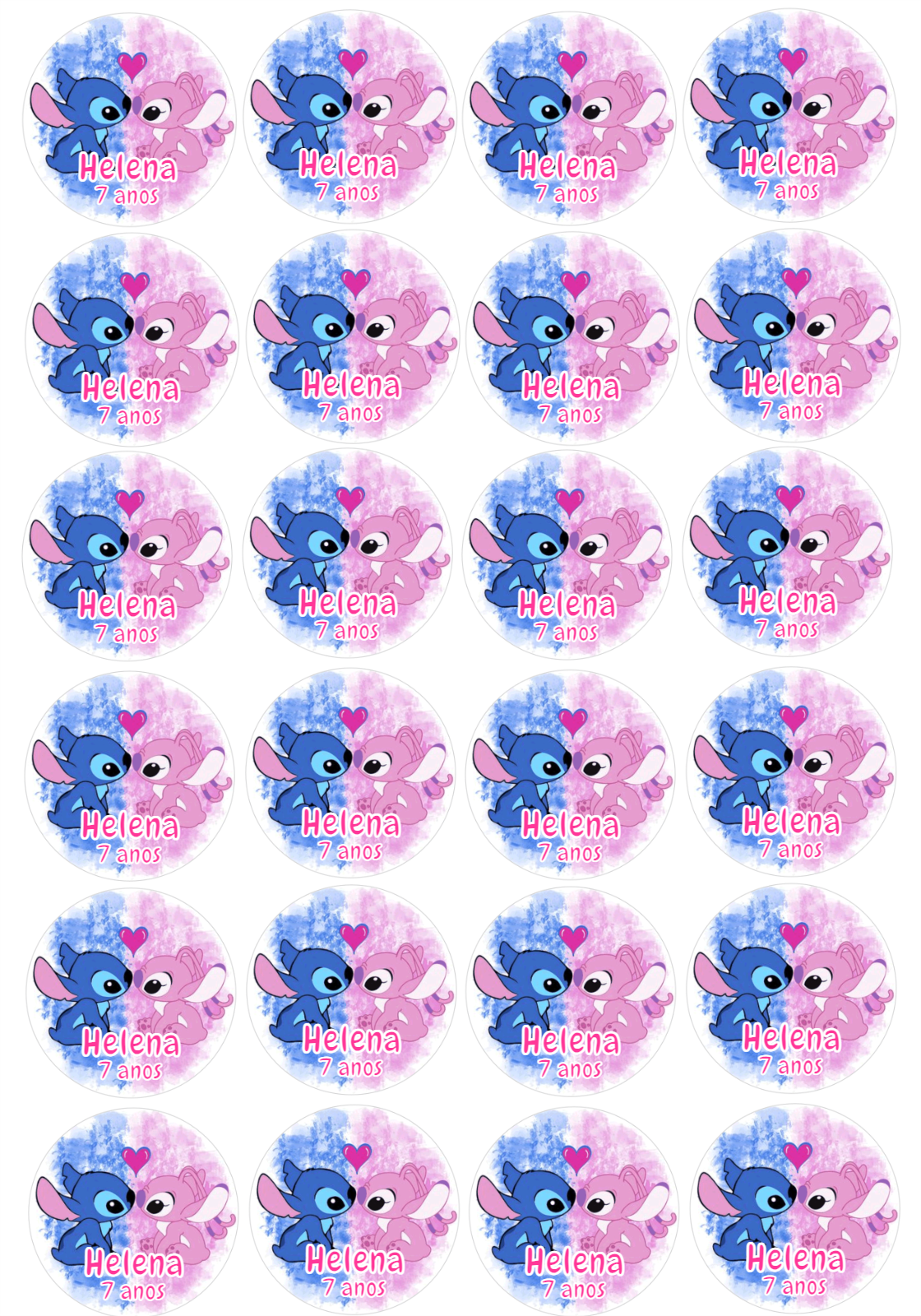 Adesivo Redondo Aniversário Stitch e Angel para Editar Adesivo Redondo Aniversário Stitch e Angel para Editar