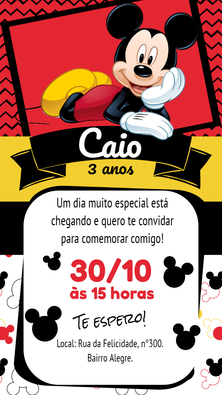 Convite de Aniversário Mickey Mouse para Editar Online Convite de Aniversário Mickey Mouse para Editar Online