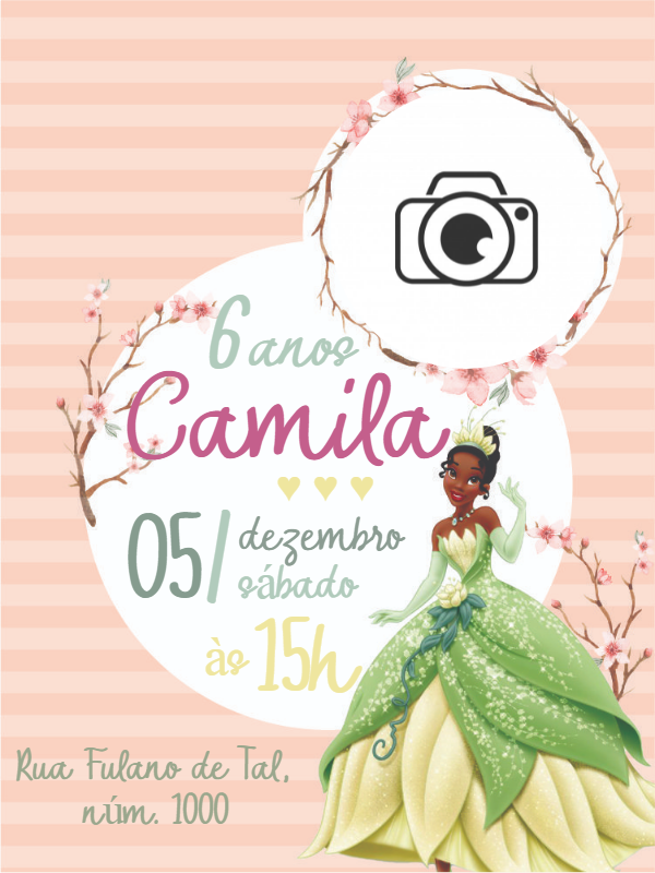 Convite Aniversário Princesa Tiana com Foto para Editar Online Convite Aniversário Princesa Tiana com Foto para Editar Online