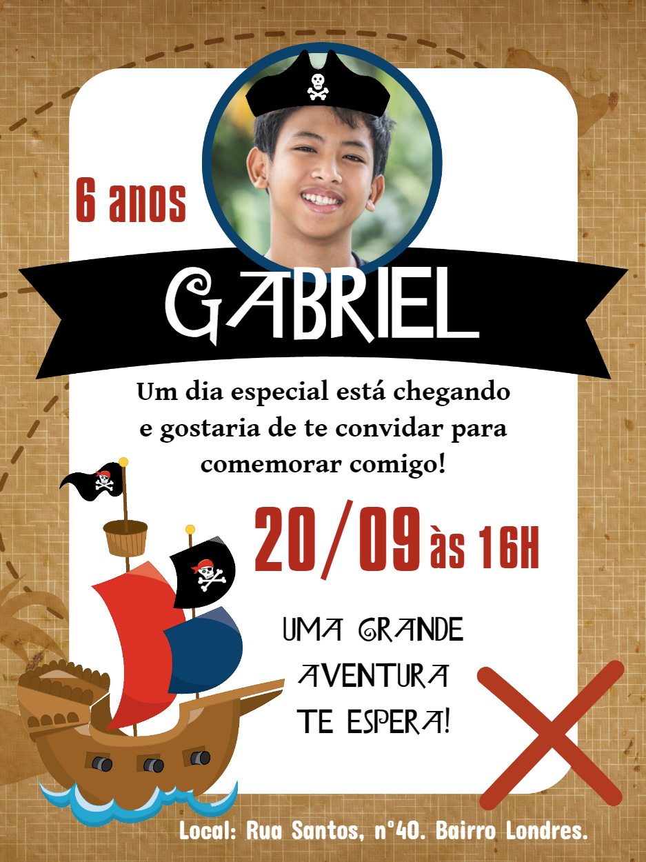 Convite de Aniversário Pirata com Foto para Editar Online