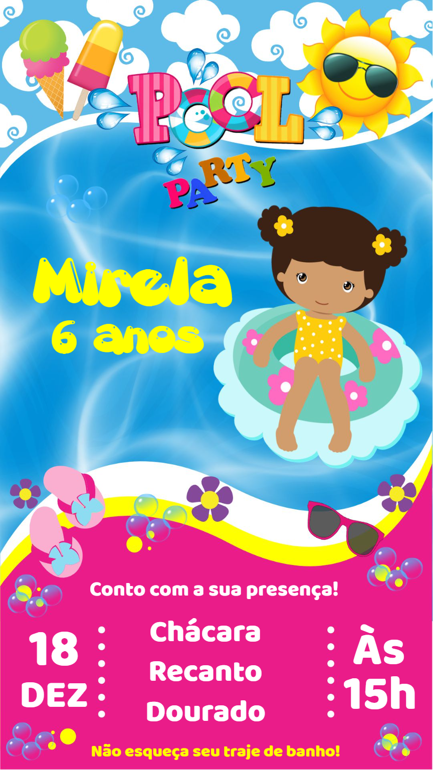 Convite Aniversário Pool Party Menina para Editar Online Convite Aniversário Pool Party Menina para Editar Online