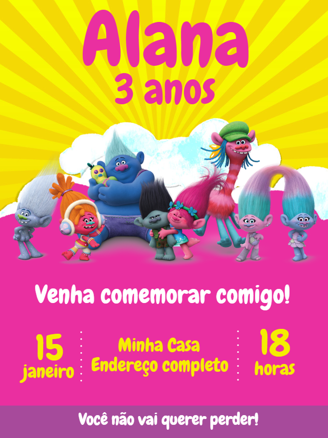 Convite Trolls Editável Online para Festa de Aniversário Convite Trolls Editável Online para Festa de Aniversário
