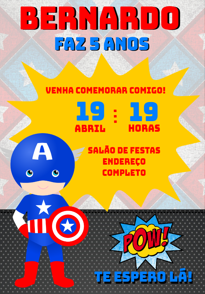 Convite Aniversário Capitão América Cute para Editar Online Convite Aniversário Capitão América Cute para Editar Online