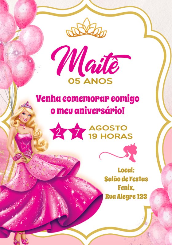 Convite de Aniversário Barbie Princesa para Editar Online Convite de Aniversário Barbie Princesa para Editar Online