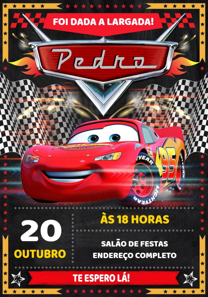 Convite de Aniversário Carros Relâmpago McQueen para Editar
