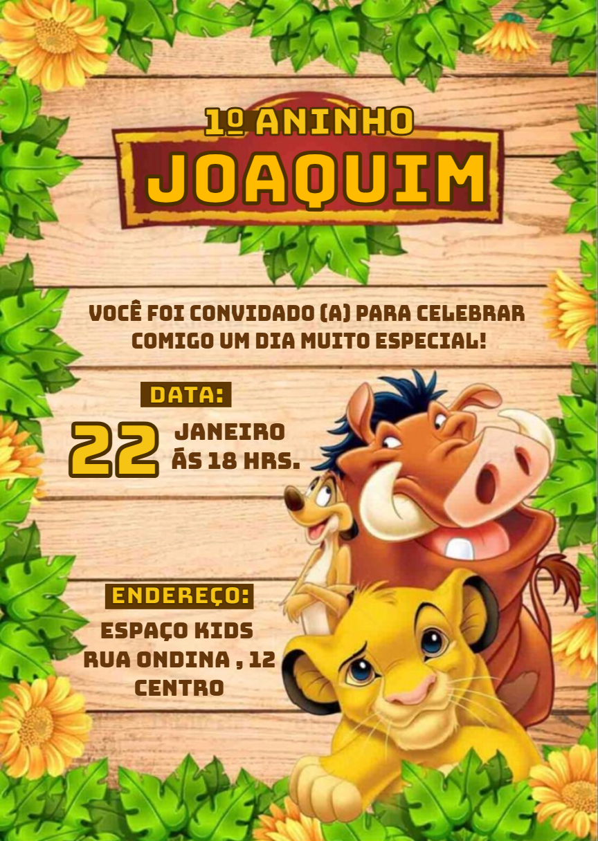 Convite Aniversário O Rei Leão com Personagens para Editar Convite Aniversário O Rei Leão com Personagens para Editar