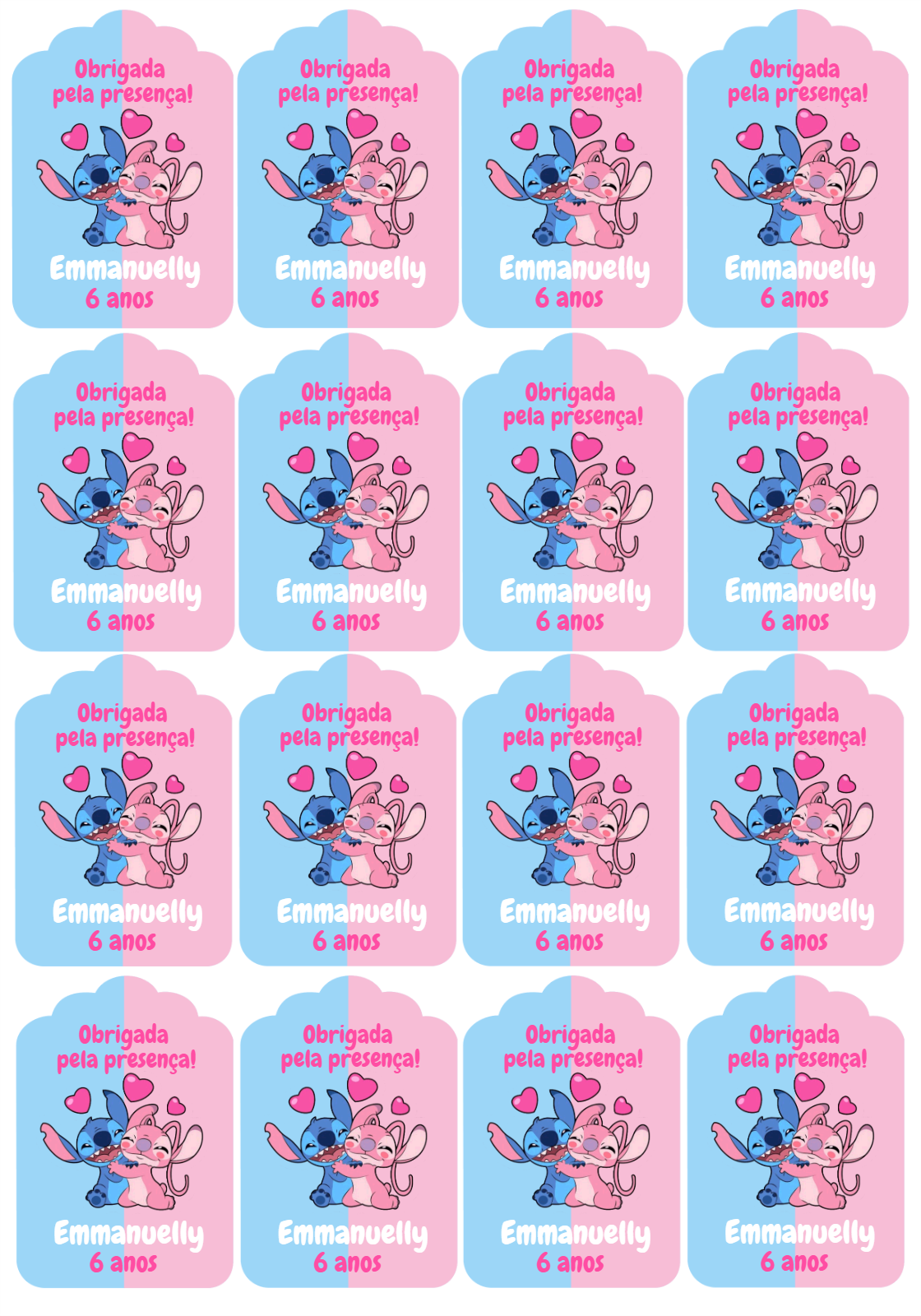 Tag de Agradecimento Aniversário Stitch e Angel para Editar Tag de Agradecimento Aniversário Stitch e Angel para Editar