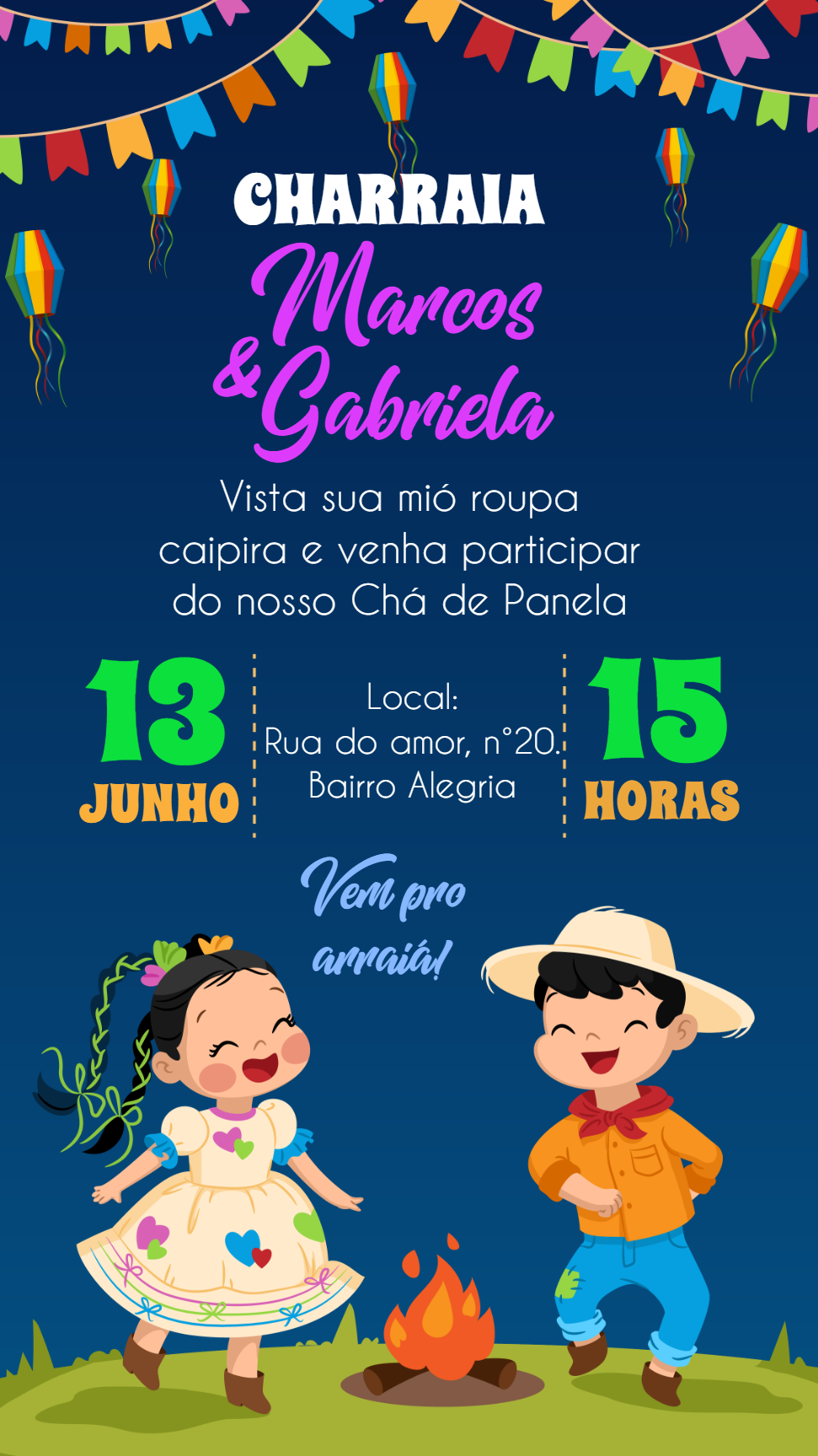 Convite Charraiá Junino com Casal Caipira para Editar Online Convite Charraiá Junino com Casal Caipira para Editar Online
