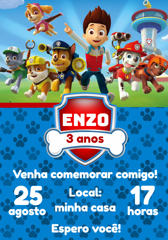 Convite Aniversário Patrulha Canina com Personagens para Editar Convite Aniversário Patrulha Canina com Personagens para Editar