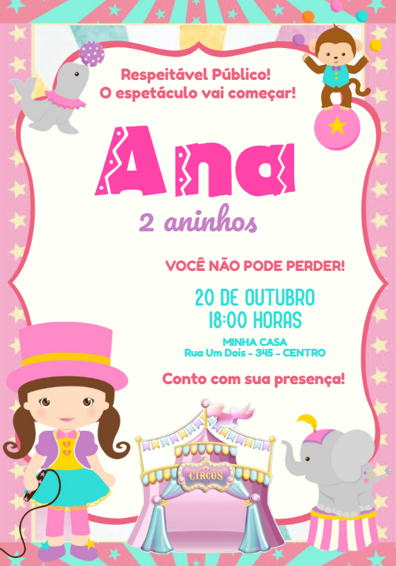 Convite Aniversário Circo Rosa para Menina para Editar Online Convite Aniversário Circo Rosa para Menina para Editar Online