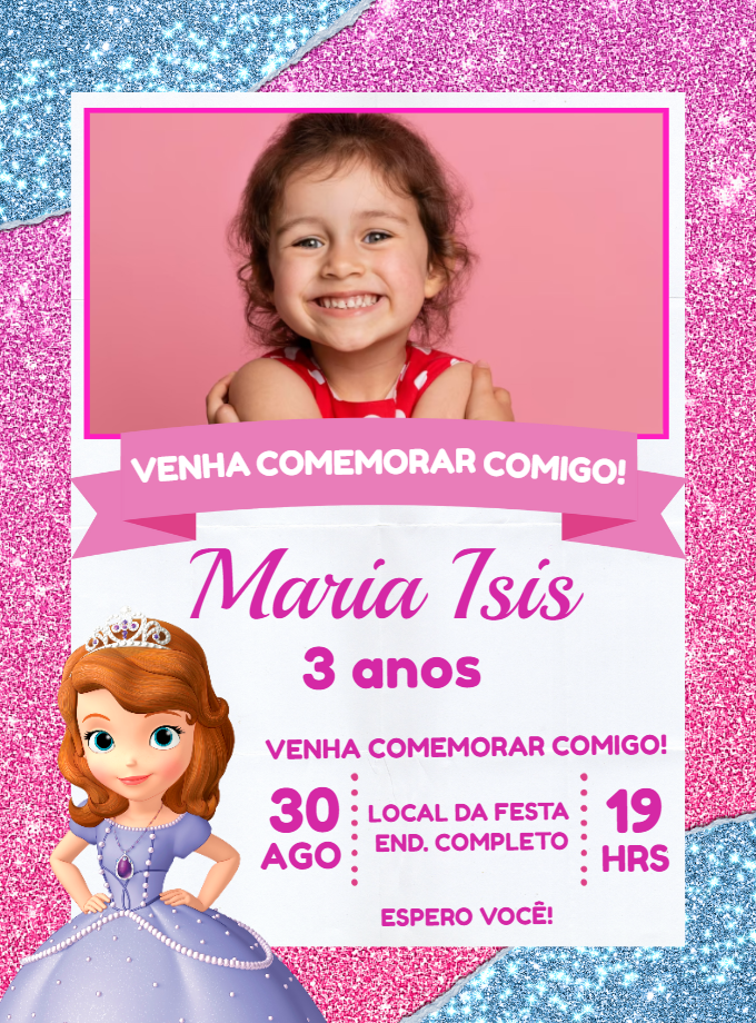 Convite Aniversário Princesinha Sofia com Foto para Editar Convite Aniversário Princesinha Sofia com Foto para Editar