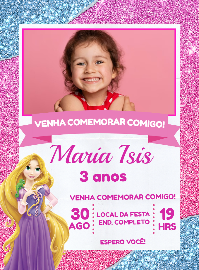 Convite Aniversário Rapunzel com Foto para Editar Online Convite Aniversário Rapunzel com Foto para Editar Online