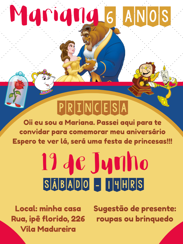 Convite de Aniversário A Bela e a Fera para Editar Online Convite de Aniversário A Bela e a Fera para Editar Online