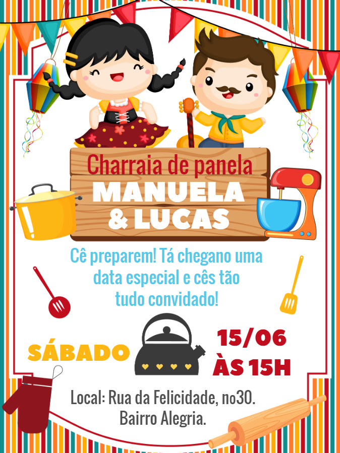 Convite Chá de Panela Junino com Bonecos para Editar Online Convite Chá de Panela Junino com Bonecos para Editar Online