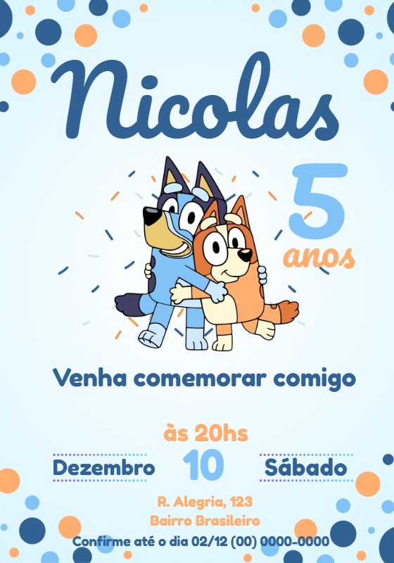 Convite de Aniversário Bluey e Bingo para Editar Online
