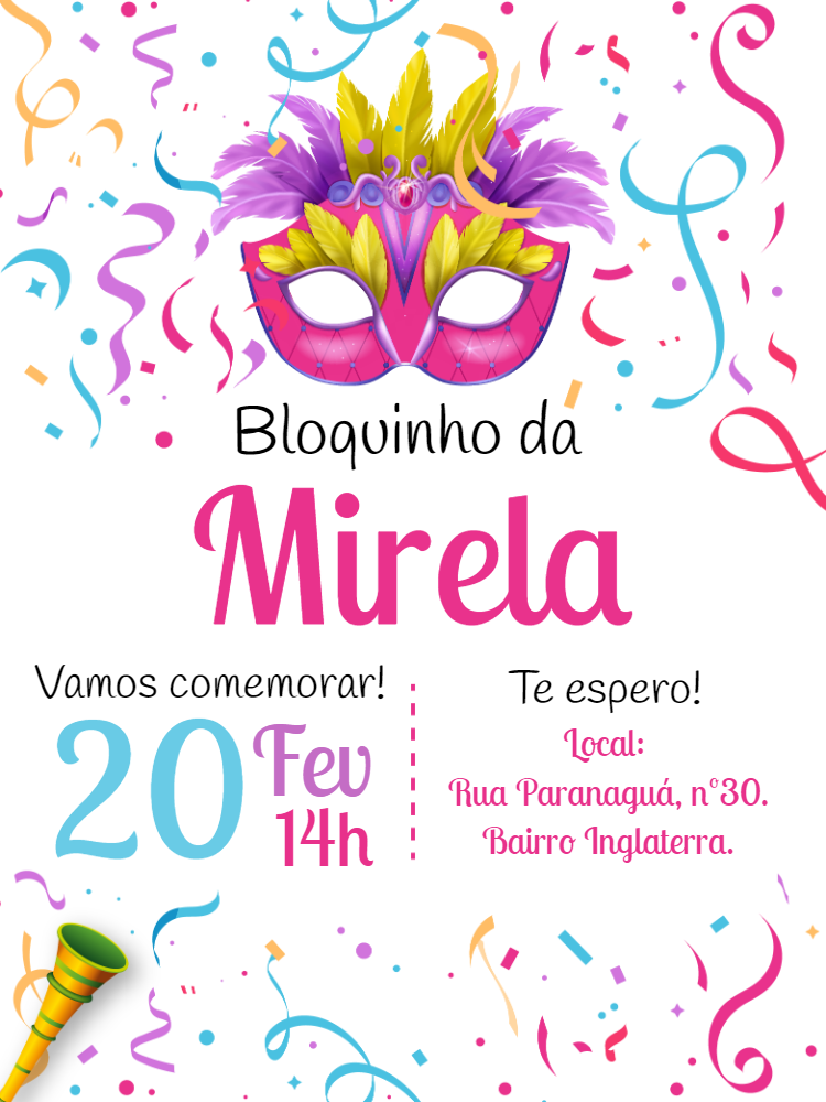 Convite de Aniversário Carnaval Bloquinho para Editar Online