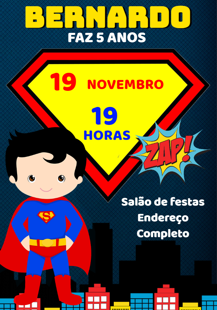 Convite de Aniversário Super Homem para Editar Online Convite de Aniversário Super Homem para Editar Online