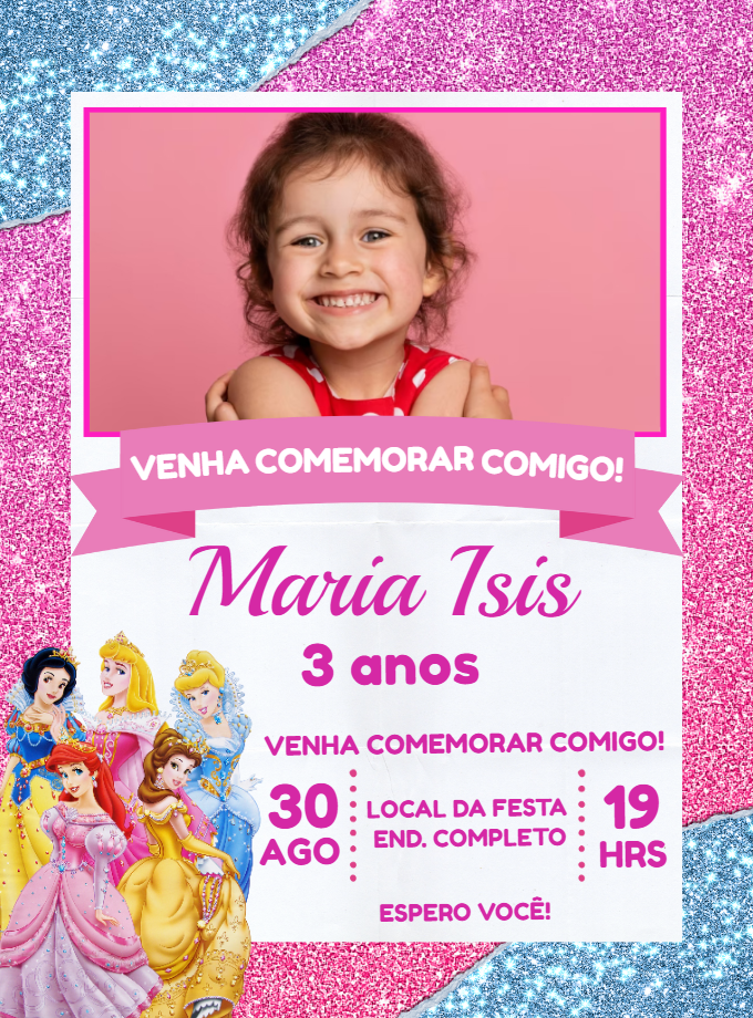 Convite Aniversário Princesas Disney com Foto para Editar Online Convite Aniversário Princesas Disney com Foto para Editar Online