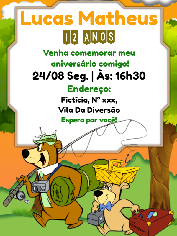 Convite de Aniversário Zé Colmeia Editável para Imprimir Convite de Aniversário Zé Colmeia Editável para Imprimir