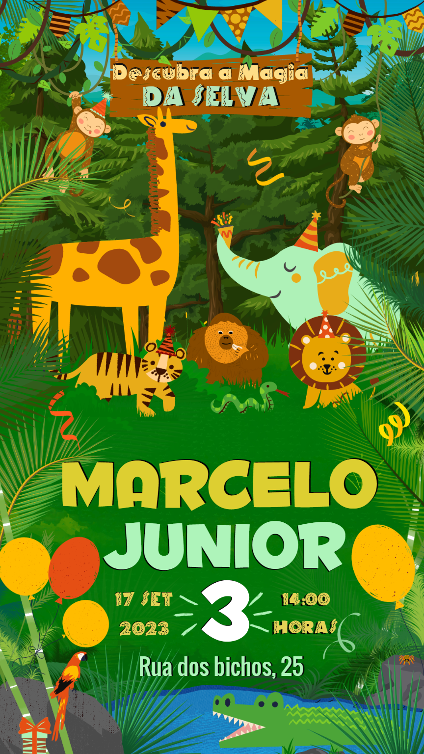 Convite de Aniversário Safari com Animais para Editar Online Convite de Aniversário Safari com Animais para Editar Online
