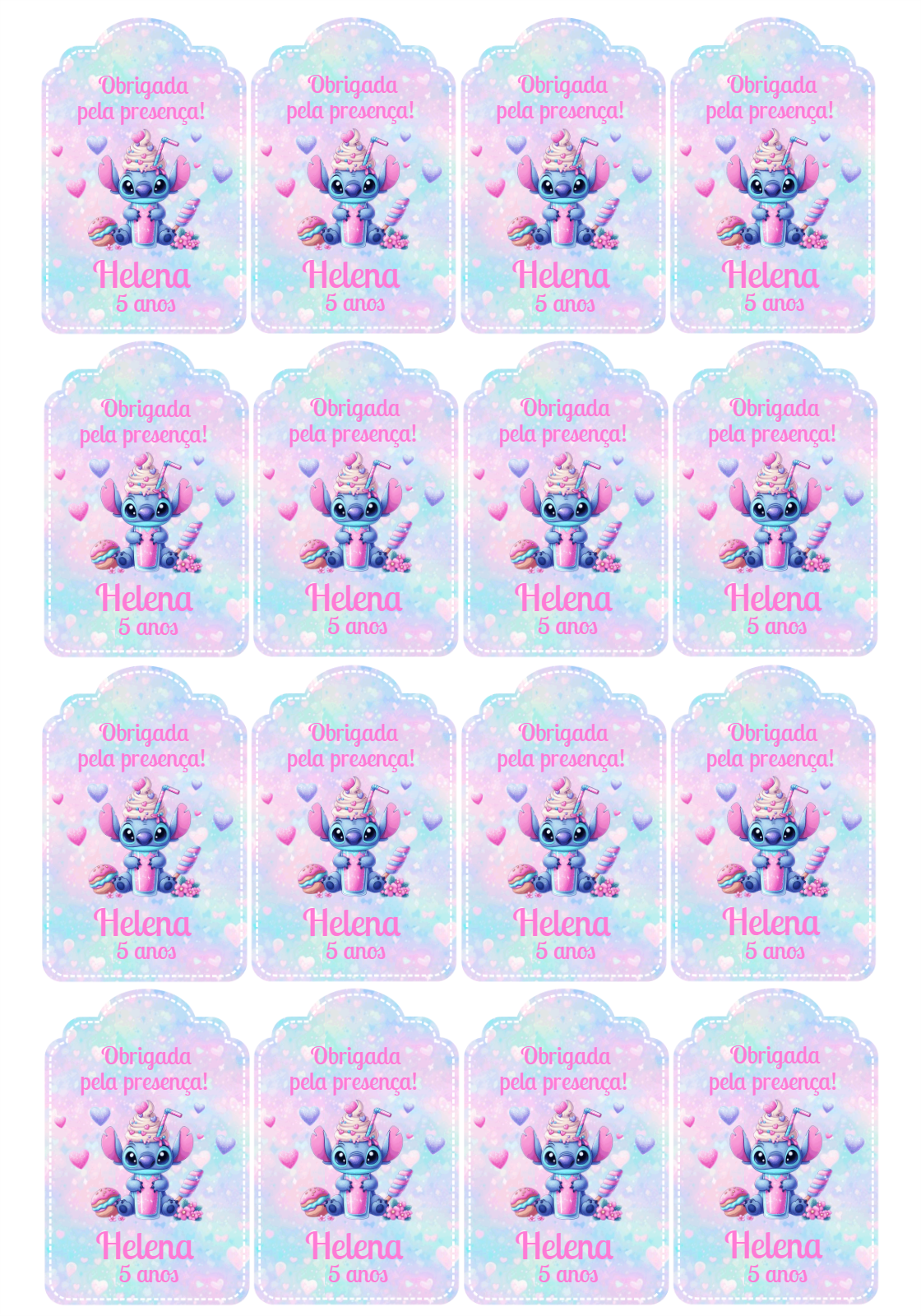 Tag de Agradecimento Stitch Rosa para Editar e Imprimir