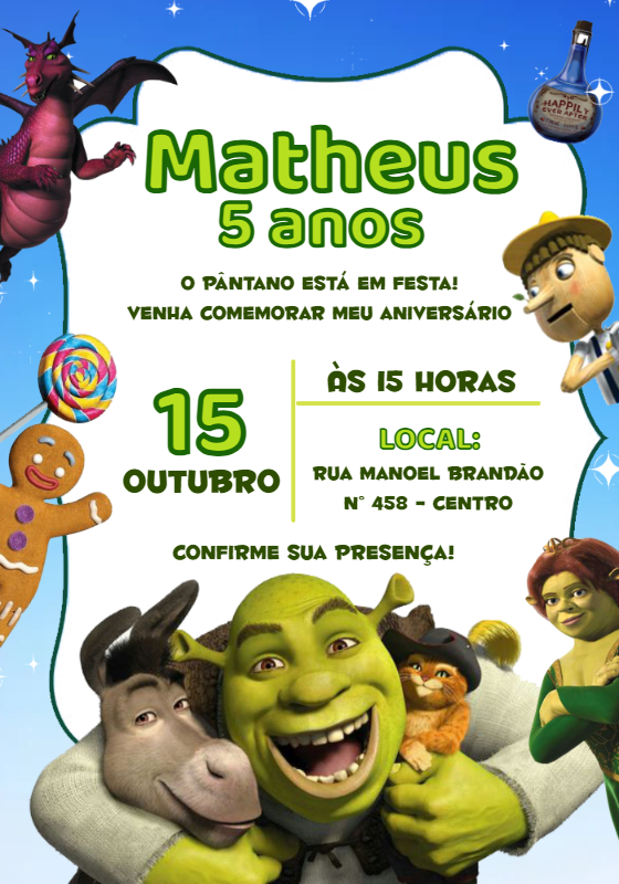 Convite de Aniversário Shrek com Personagens para Editar Online Convite de Aniversário Shrek com Personagens para Editar Online