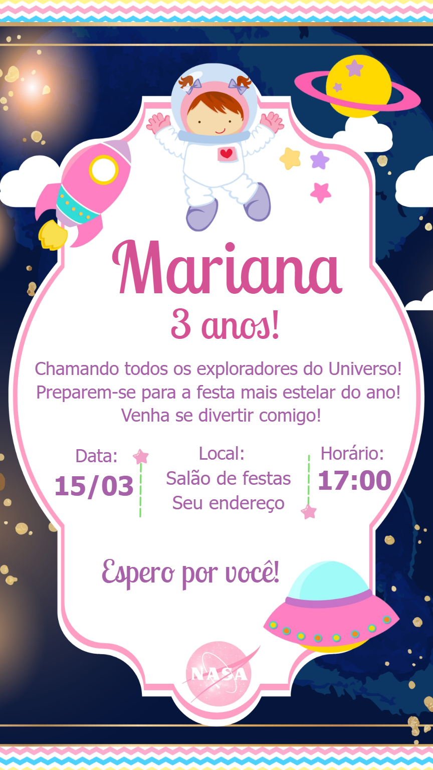 Convite de Aniversário Astronauta Menina para Editar Online