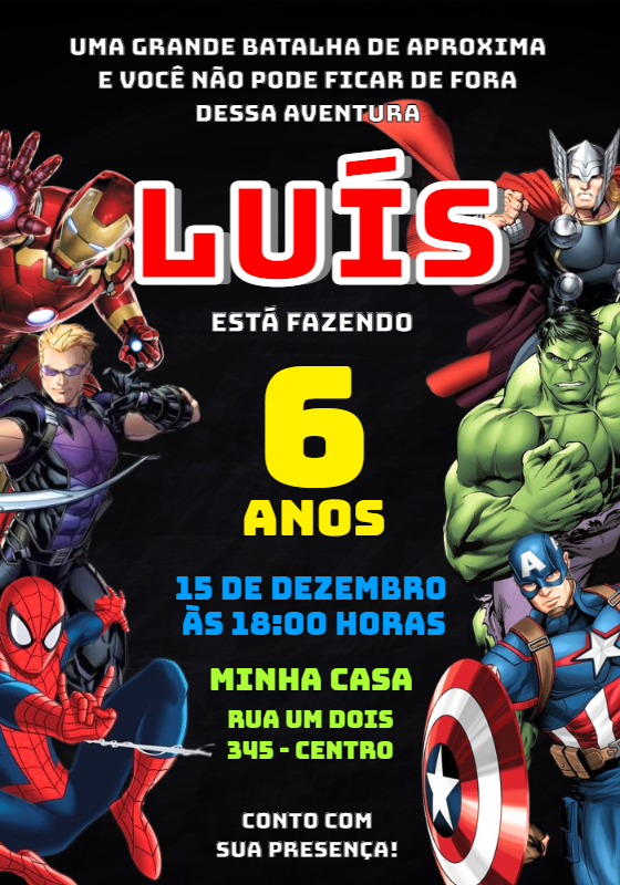 Convite de Aniversário Vingadores para Editar Online Convite de Aniversário Vingadores para Editar Online