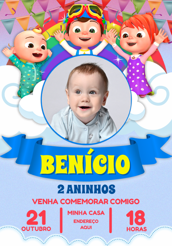 Convite de Aniversário Cocomelon com Foto para Editar Online Convite de Aniversário Cocomelon com Foto para Editar Online