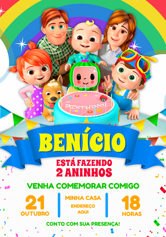 Convite de Aniversário Cocomelon com Personagens para Editar Convite de Aniversário Cocomelon com Personagens para Editar