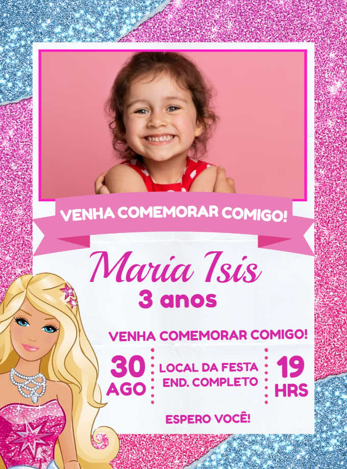 Convite Aniversário Barbie Glitter com Foto para Editar Online Convite Aniversário Barbie Glitter com Foto para Editar Online