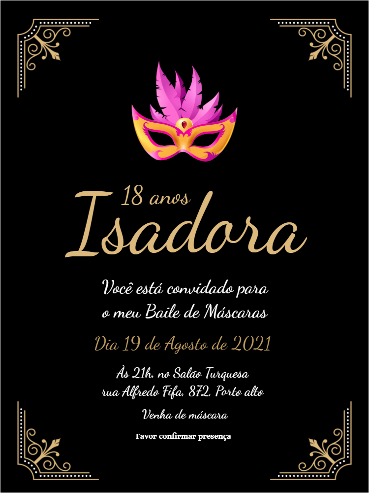 Convite Aniversário Baile de Máscaras Elegante para Editar Online Convite Aniversário Baile de Máscaras Elegante para Editar Online
