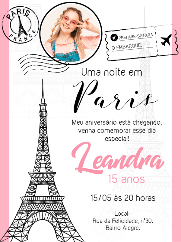 Convite Aniversário Paris com Foto para Editar Online Convite Aniversário Paris com Foto para Editar Online