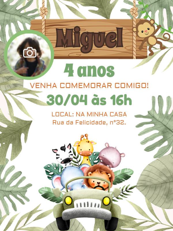 Convite Aniversário Safari Baby com Foto para Editar Online Convite Aniversário Safari Baby com Foto para Editar Online