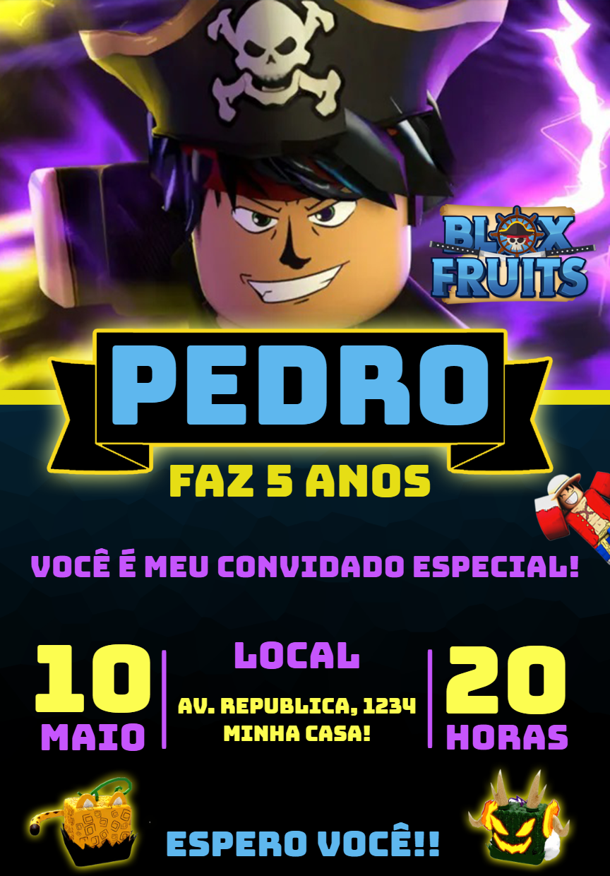 Convite de Aniversário Blox Fruits Roblox para Editar Online Convite de Aniversário Blox Fruits Roblox para Editar Online