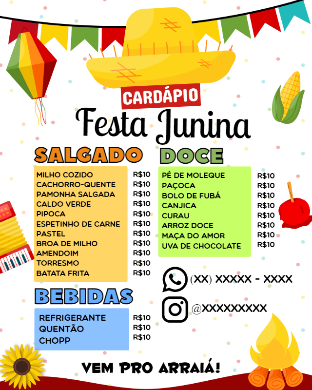 Cardápio de Festa Junina com Elementos Típicos para Editar Cardápio de Festa Junina com Elementos Típicos para Editar