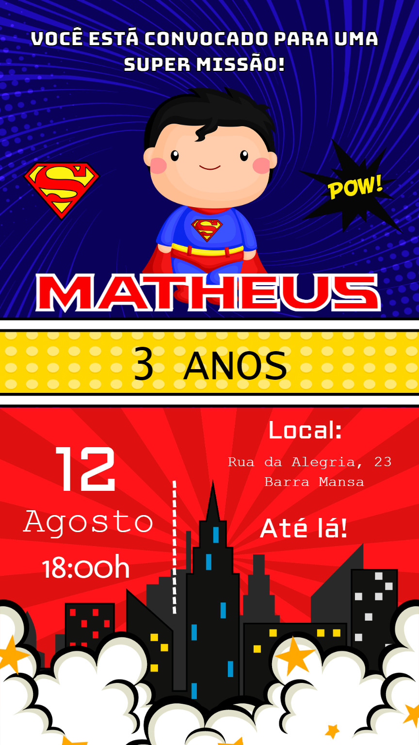 Convite de Aniversário Super-Herói Fofo para Editar Online Convite de Aniversário Super-Herói Fofo para Editar Online