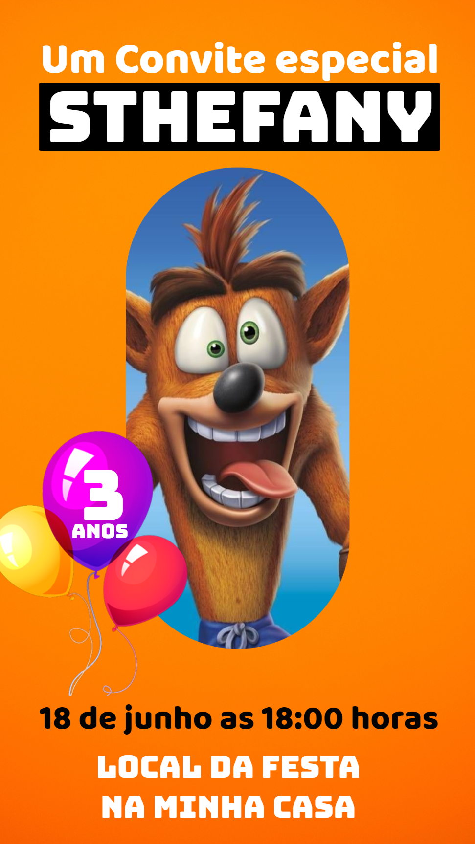 Convite de Aniversário Crash Bandicoot para Editar Online Convite de Aniversário Crash Bandicoot para Editar Online